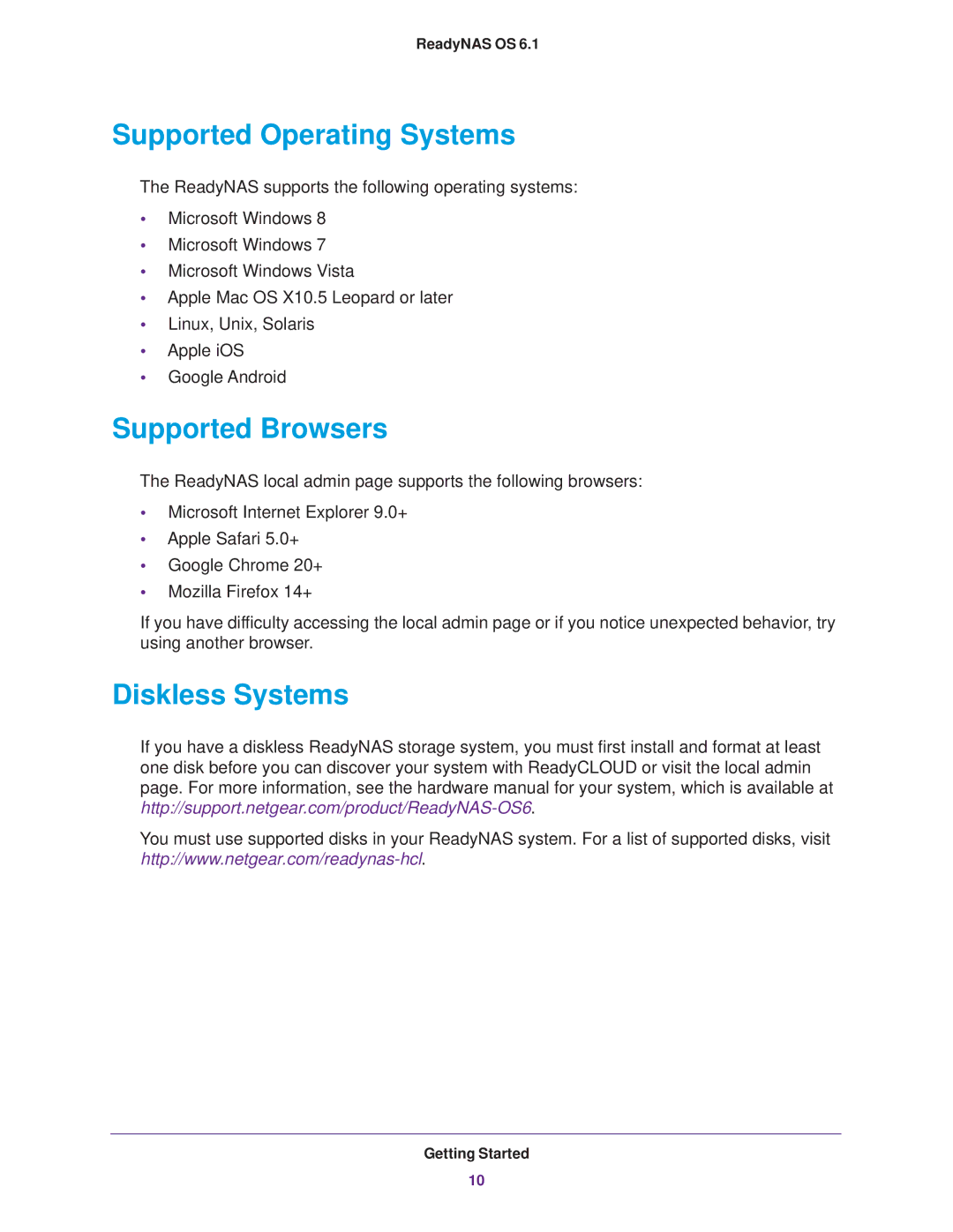 NETGEAR READYNAS 316, READYNAS 716X, READYNAS 516, EDA 500 Supported Operating Systems, Supported Browsers, Diskless Systems 