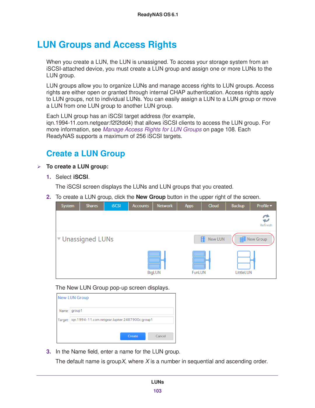 NETGEAR EDA 500, READYNAS 716X, READYNAS 516 LUN Groups and Access Rights, Create a LUN Group,  To create a LUN group 