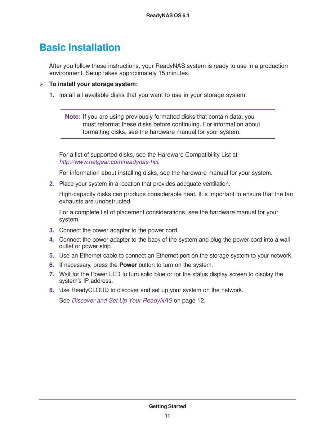 NETGEAR READYNAS 312, READYNAS 716X, READYNAS 516, READYNAS 316, EDA 500 Basic Installation,  To install your storage system 