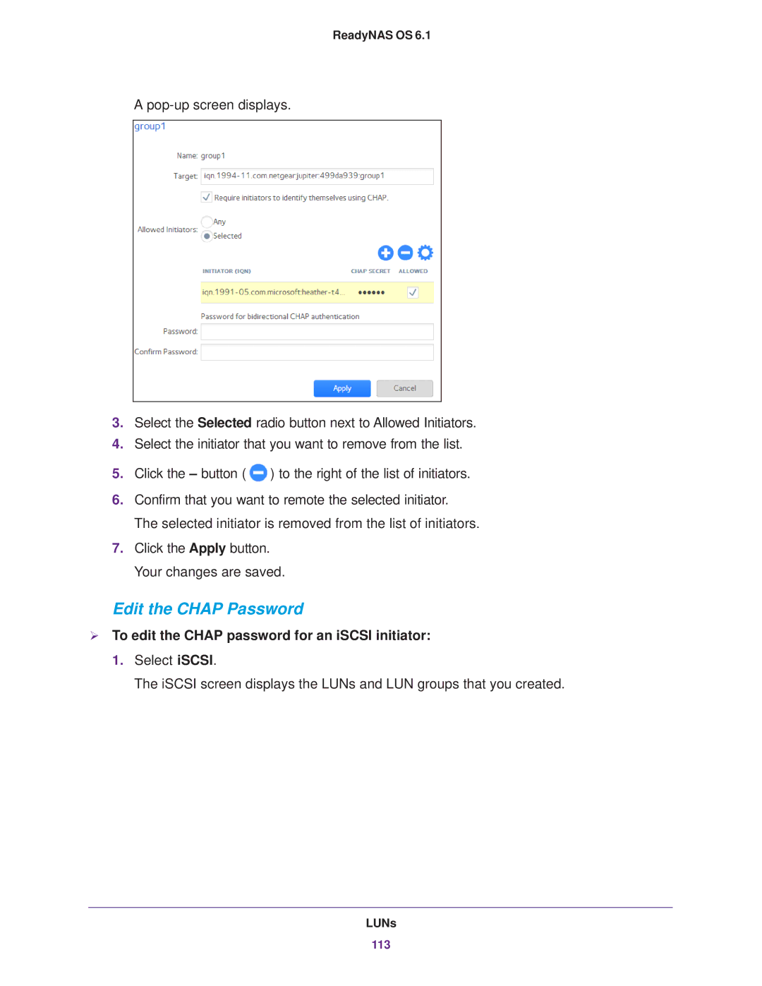 NETGEAR READYNAS 516, READYNAS 716X, EDA 500 Edit the Chap Password,  To edit the Chap password for an iSCSI initiator 