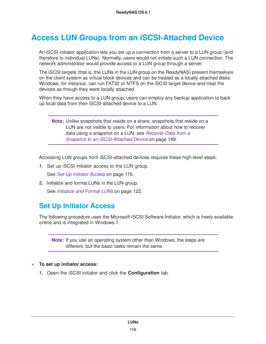 NETGEAR READYNAS 314, READYNAS 716X, READYNAS 516 Access LUN Groups from an iSCSI-Attached Device, Set Up Initiator Access 