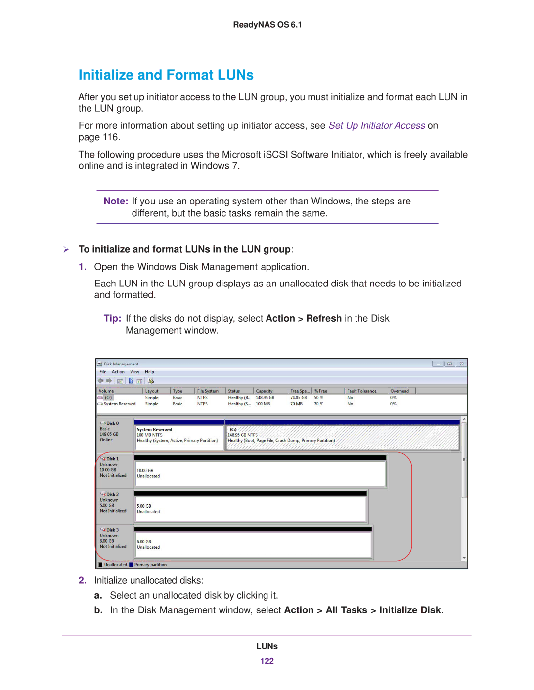 NETGEAR READYNAS 316, READYNAS 716X, EDA 500 Initialize and Format LUNs,  To initialize and format LUNs in the LUN group 