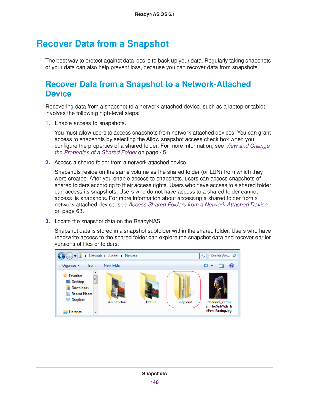 NETGEAR READYNAS 314, READYNAS 716X, READYNAS 516, EDA 500 Recover Data from a Snapshot to a Network-Attached Device 