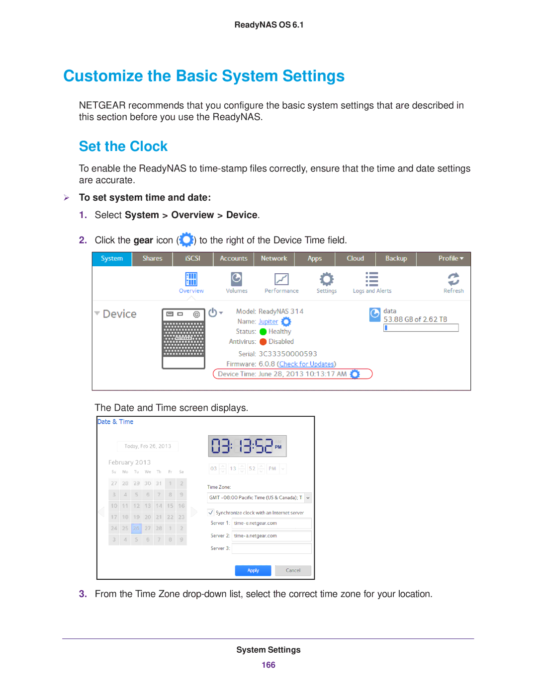 NETGEAR READYNAS 104, READYNAS 716X, READYNAS 516, READYNAS 316, EDA 500 Customize the Basic System Settings, Set the Clock 