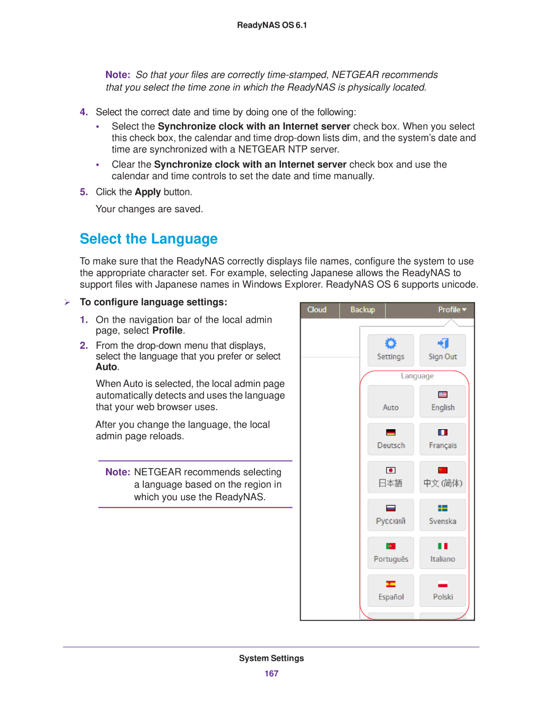 NETGEAR EDA 500, READYNAS 716X, READYNAS 516, READYNAS 316 Select the Language,  To configure language settings 