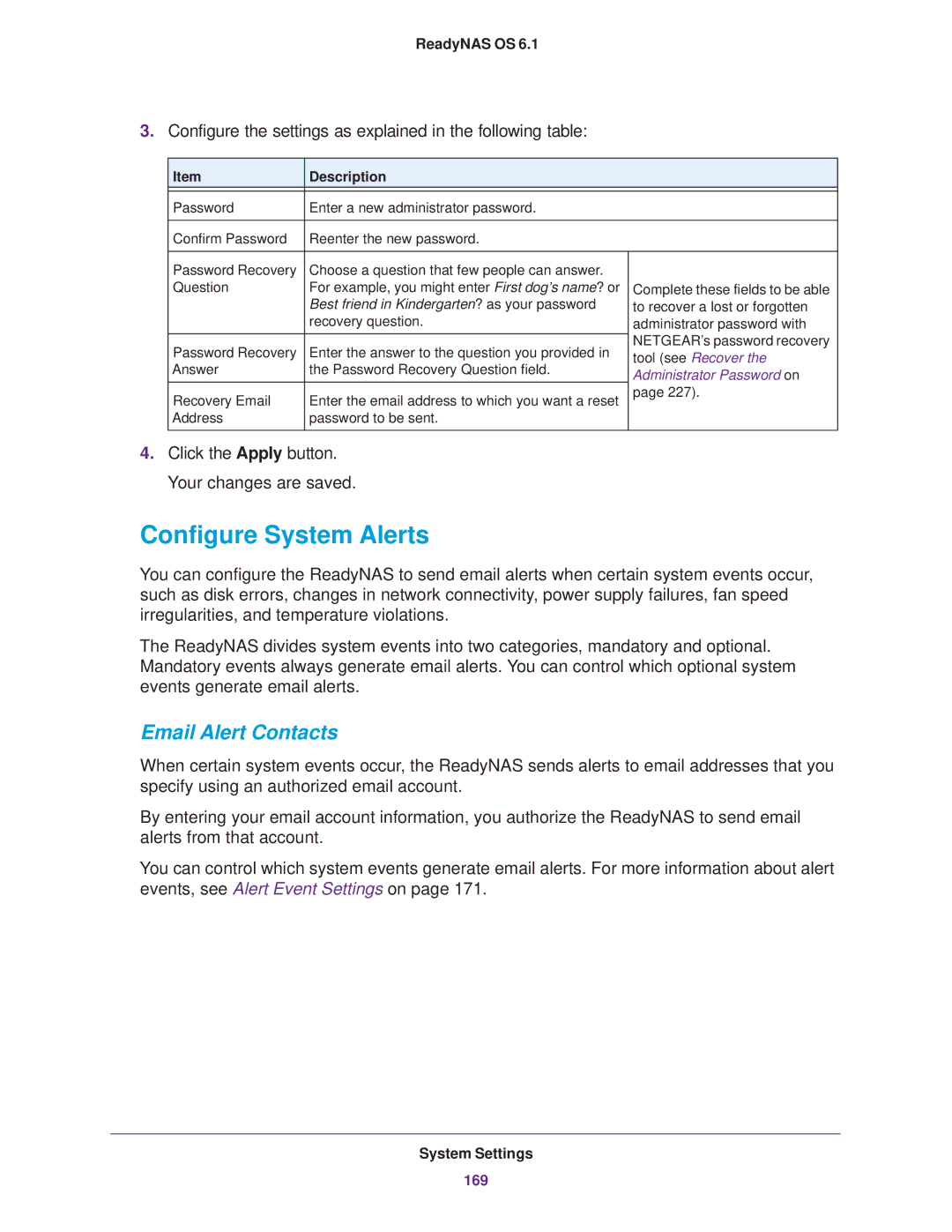 NETGEAR READYNAS 516, READYNAS 716X, READYNAS 316, READYNAS 312, READYNAS 314 Configure System Alerts, Email Alert Contacts 