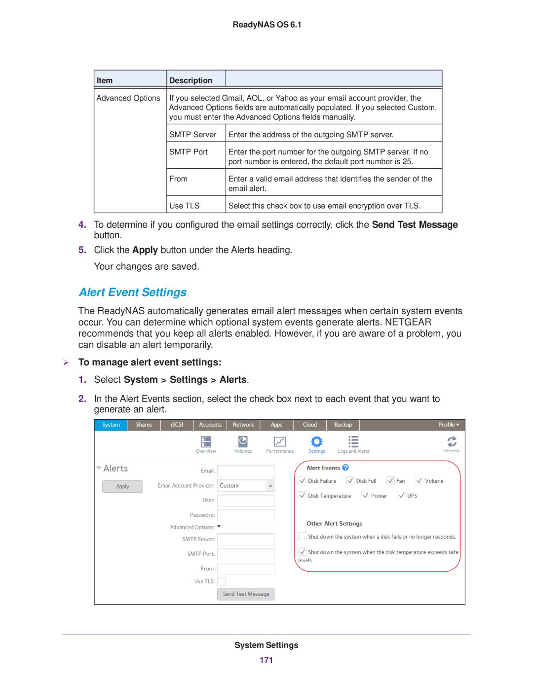 NETGEAR READYNAS 312, READYNAS 716X, READYNAS 516, READYNAS 316, READYNAS 314, READYNAS 102, READYNAS 104 Alert Event Settings 