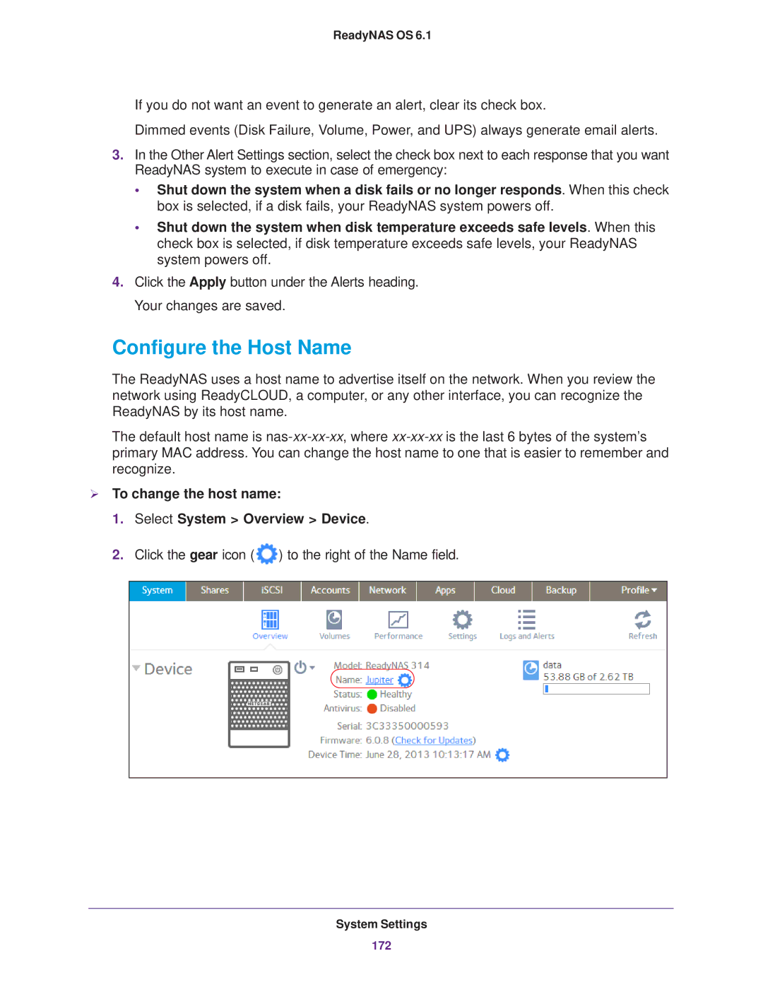 NETGEAR READYNAS 314, READYNAS 716X Configure the Host Name,  To change the host name Select System Overview Device 