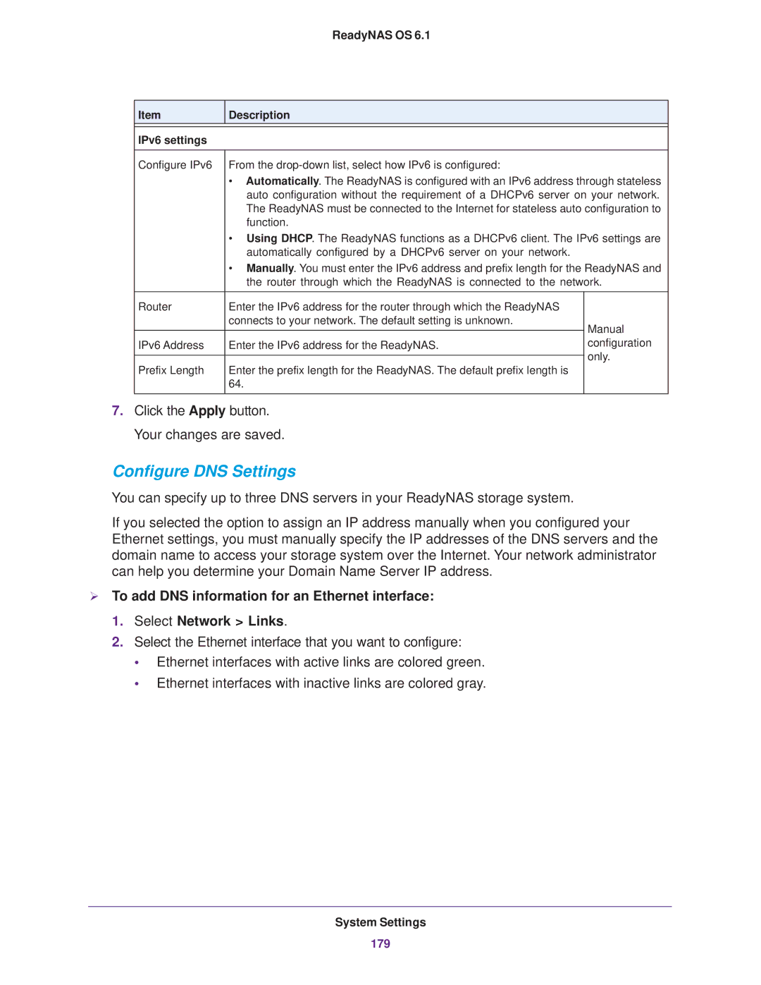 NETGEAR READYNAS 312, READYNAS 716X, READYNAS 516, READYNAS 316, EDA 500 Configure DNS Settings, Description IPv6 settings 