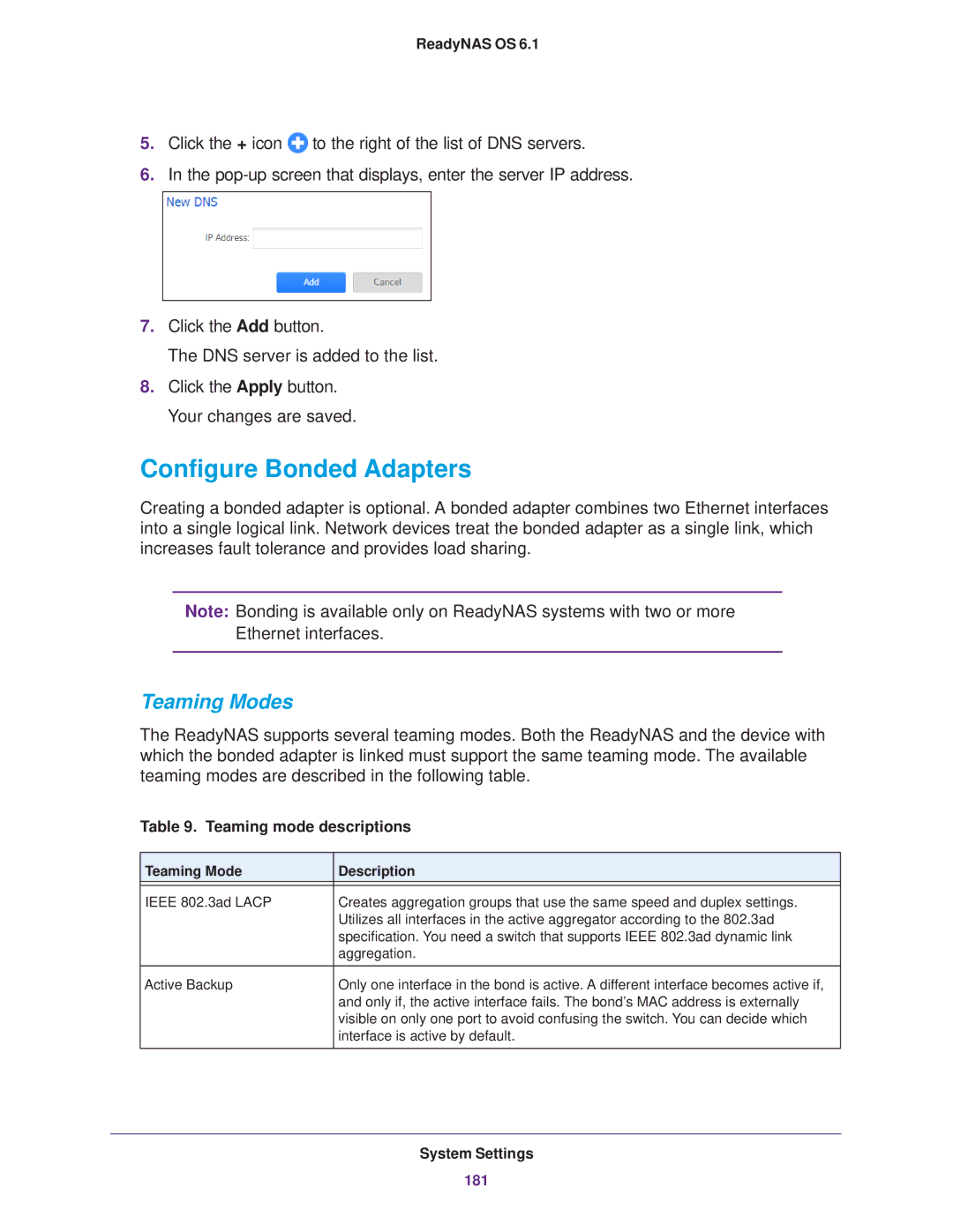 NETGEAR READYNAS 102, READYNAS 716X, READYNAS 516, READYNAS 316, READYNAS 312 Configure Bonded Adapters, Teaming Modes 