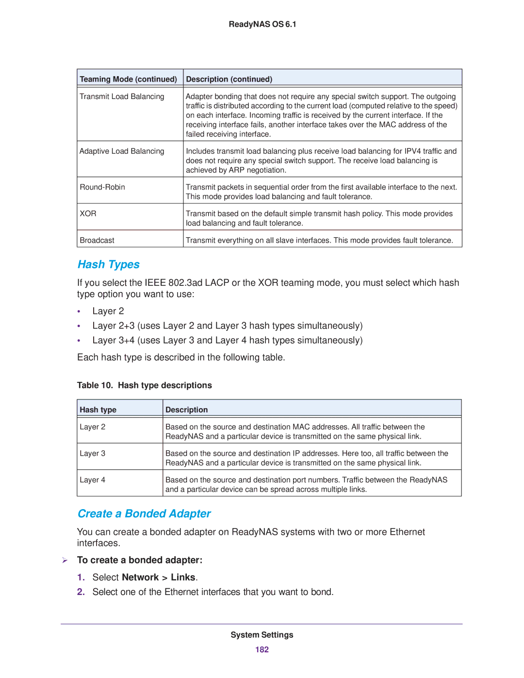 NETGEAR READYNAS 104, READYNAS 716X Hash Types, Create a Bonded Adapter,  To create a bonded adapter Select Network Links 