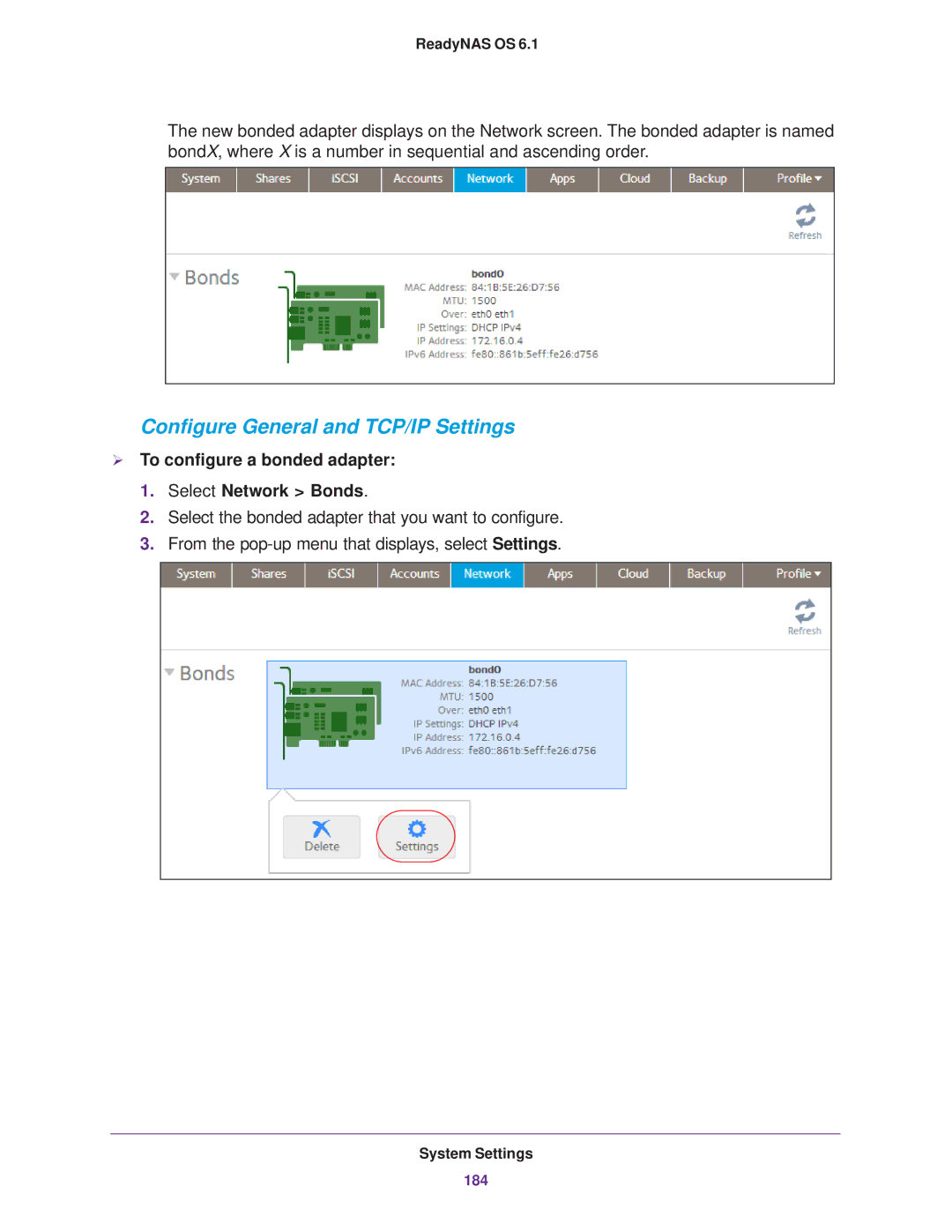 NETGEAR READYNAS 716X, EDA 500 Configure General and TCP/IP Settings,  To configure a bonded adapter Select Network Bonds 