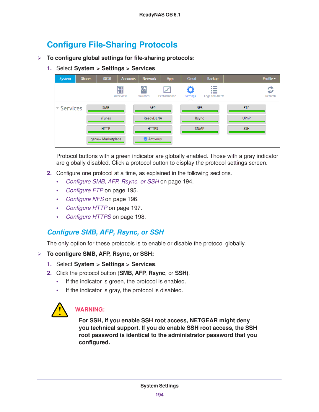 NETGEAR READYNAS 316, READYNAS 716X, READYNAS 516 Configure File-Sharing Protocols, Configure SMB, AFP, Rsync, or SSH 