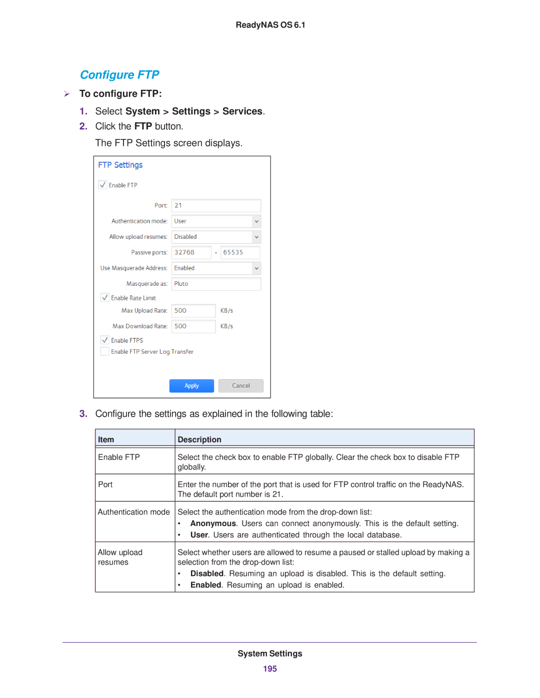 NETGEAR READYNAS 312, READYNAS 716X, READYNAS 516, EDA 500 Configure FTP,  To configure FTP Select System Settings Services 