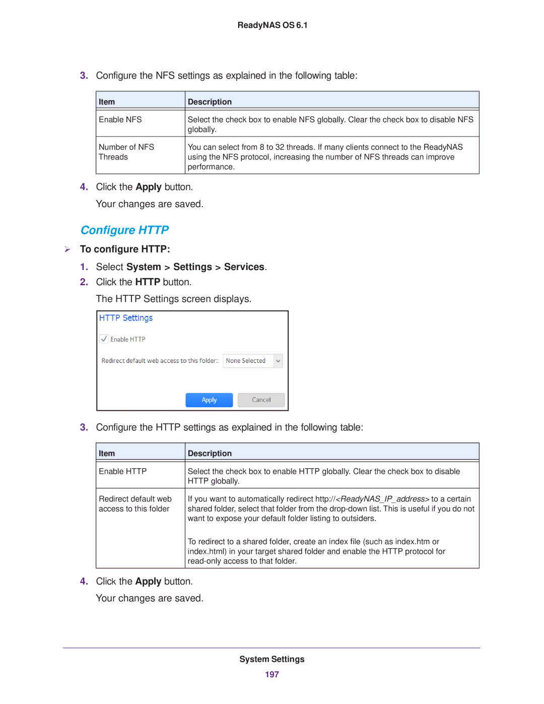 NETGEAR READYNAS 102, READYNAS 716X, READYNAS 516 Configure Http,  To configure Http Select System Settings Services 