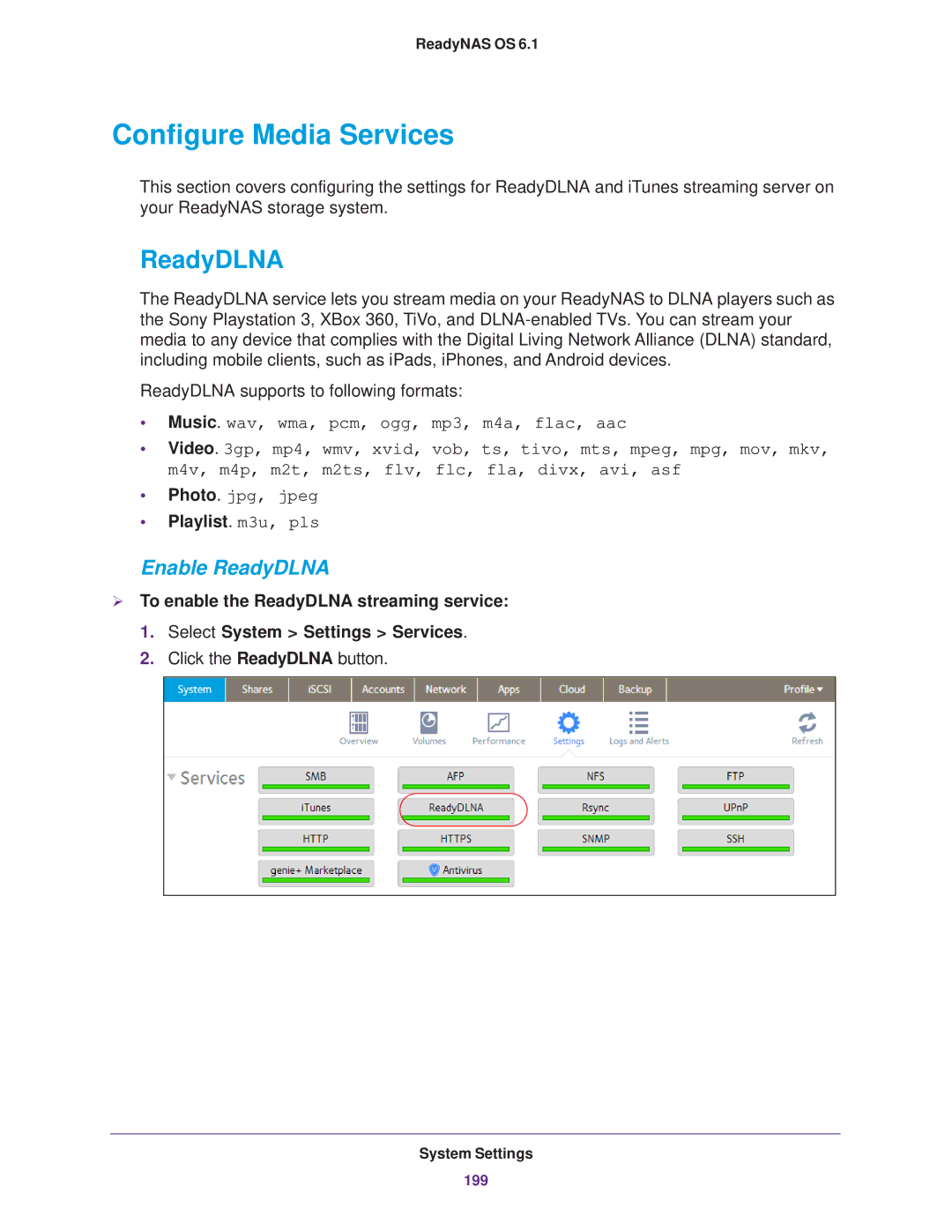 NETGEAR EDA 500, READYNAS 716X, READYNAS 516 Configure Media Services, Enable ReadyDLNA, Playlist. m3u, pls 