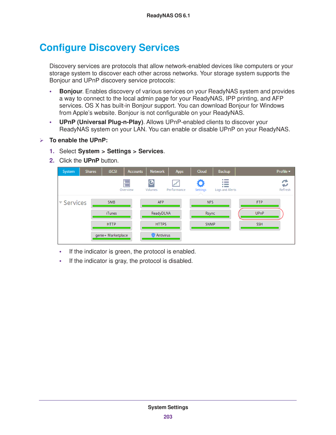 NETGEAR READYNAS 312, READYNAS 716X Configure Discovery Services,  To enable the UPnP Select System Settings Services 