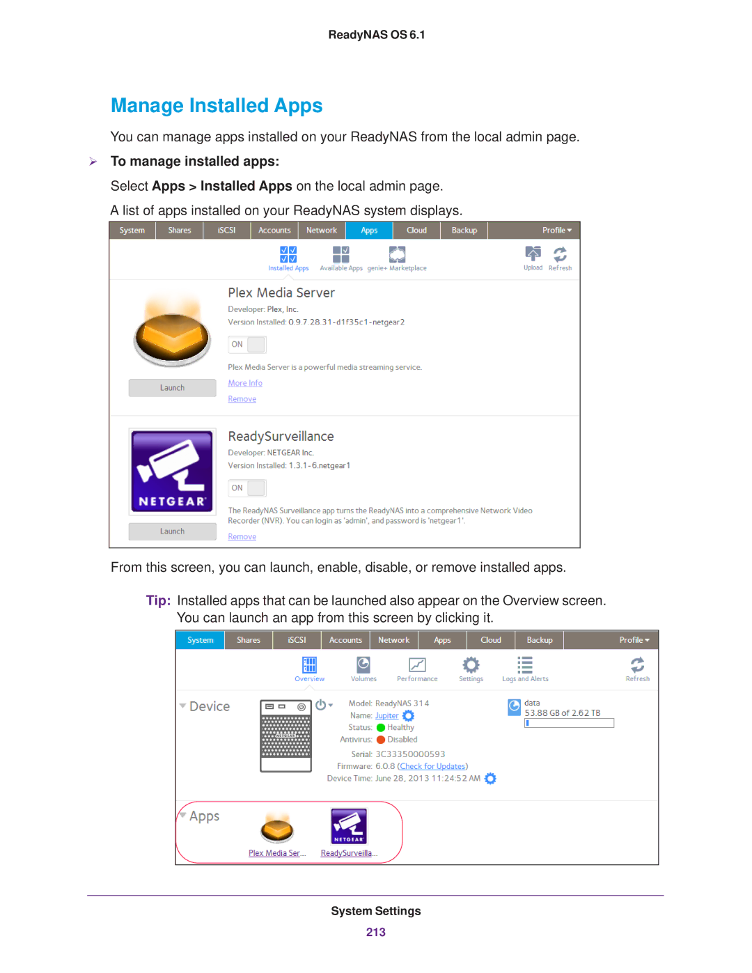 NETGEAR READYNAS 102, READYNAS 716X, READYNAS 516, READYNAS 316, EDA 500 Manage Installed Apps,  To manage installed apps 