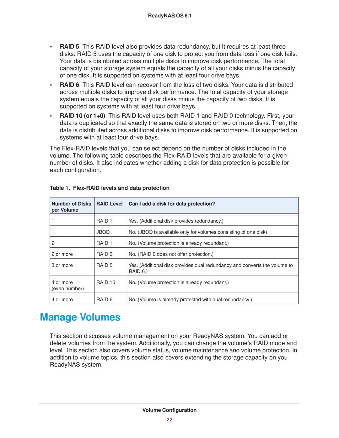 NETGEAR READYNAS 104, READYNAS 716X, READYNAS 516, READYNAS 316, EDA 500 Manage Volumes, Flex-RAID levels and data protection 