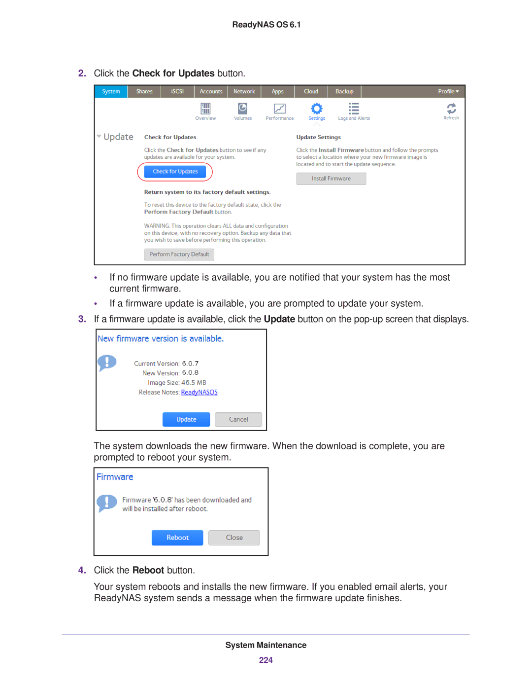 NETGEAR READYNAS 716X, READYNAS 516, READYNAS 316, READYNAS 312, READYNAS 314, READYNAS 102 Click the Check for Updates button 