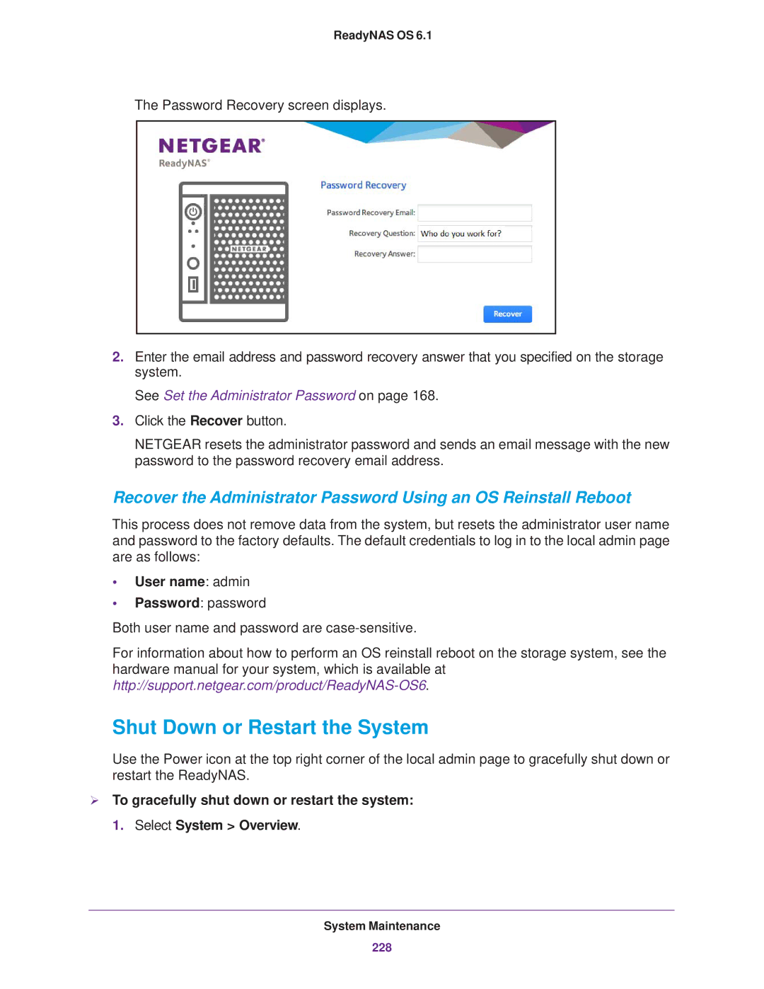 NETGEAR READYNAS 314, READYNAS 716X, READYNAS 516, READYNAS 316, EDA 500 Shut Down or Restart the System, User name admin 