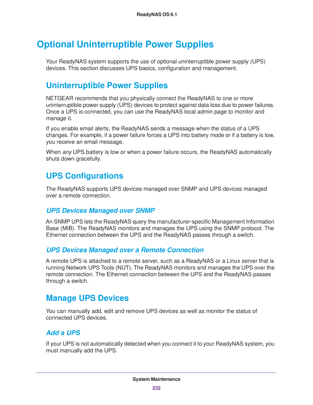 NETGEAR READYNAS 716X, READYNAS 516 Optional Uninterruptible Power Supplies, UPS Configurations, Manage UPS Devices 