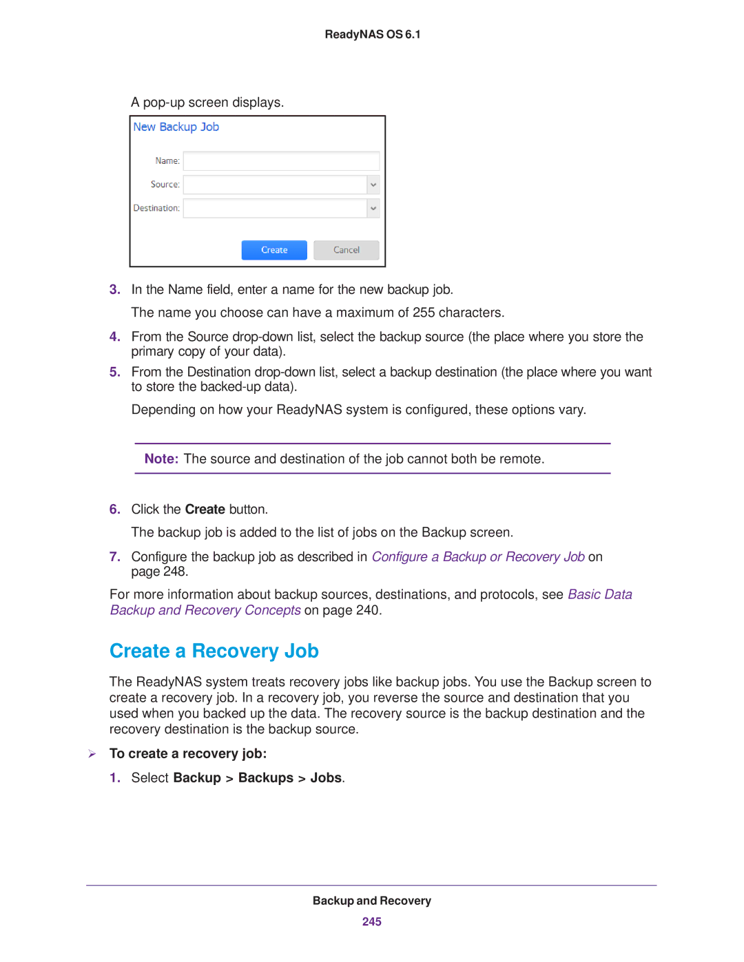 NETGEAR READYNAS 102, READYNAS 716X, EDA 500 Create a Recovery Job,  To create a recovery job Select Backup Backups Jobs 