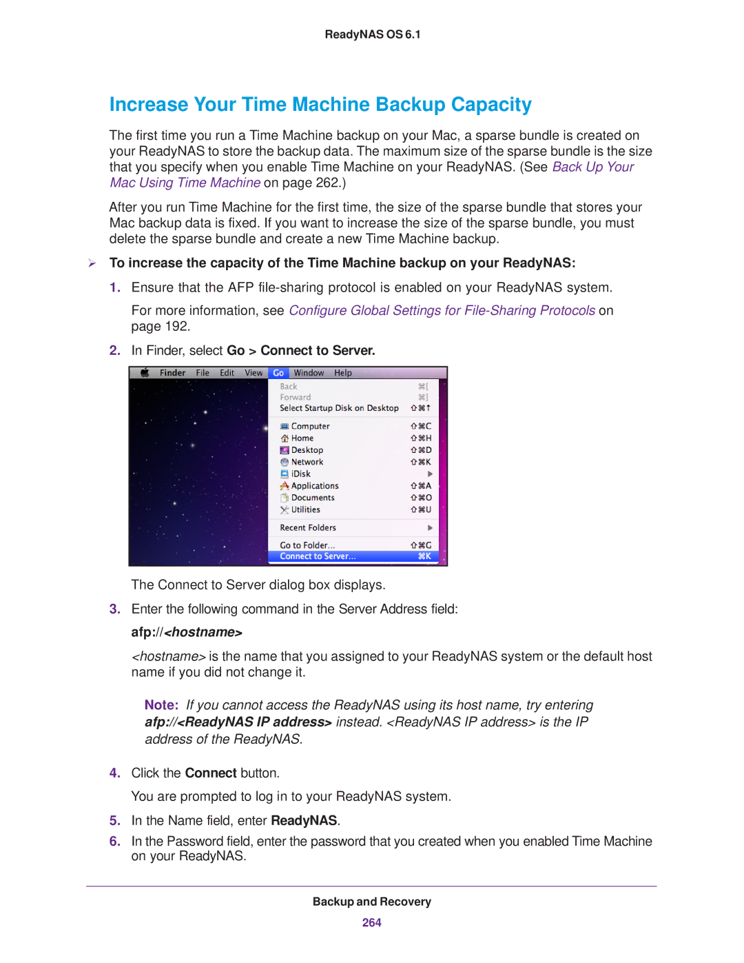 NETGEAR READYNAS 716X, READYNAS 516 Increase Your Time Machine Backup Capacity, Finder, select Go Connect to Server 