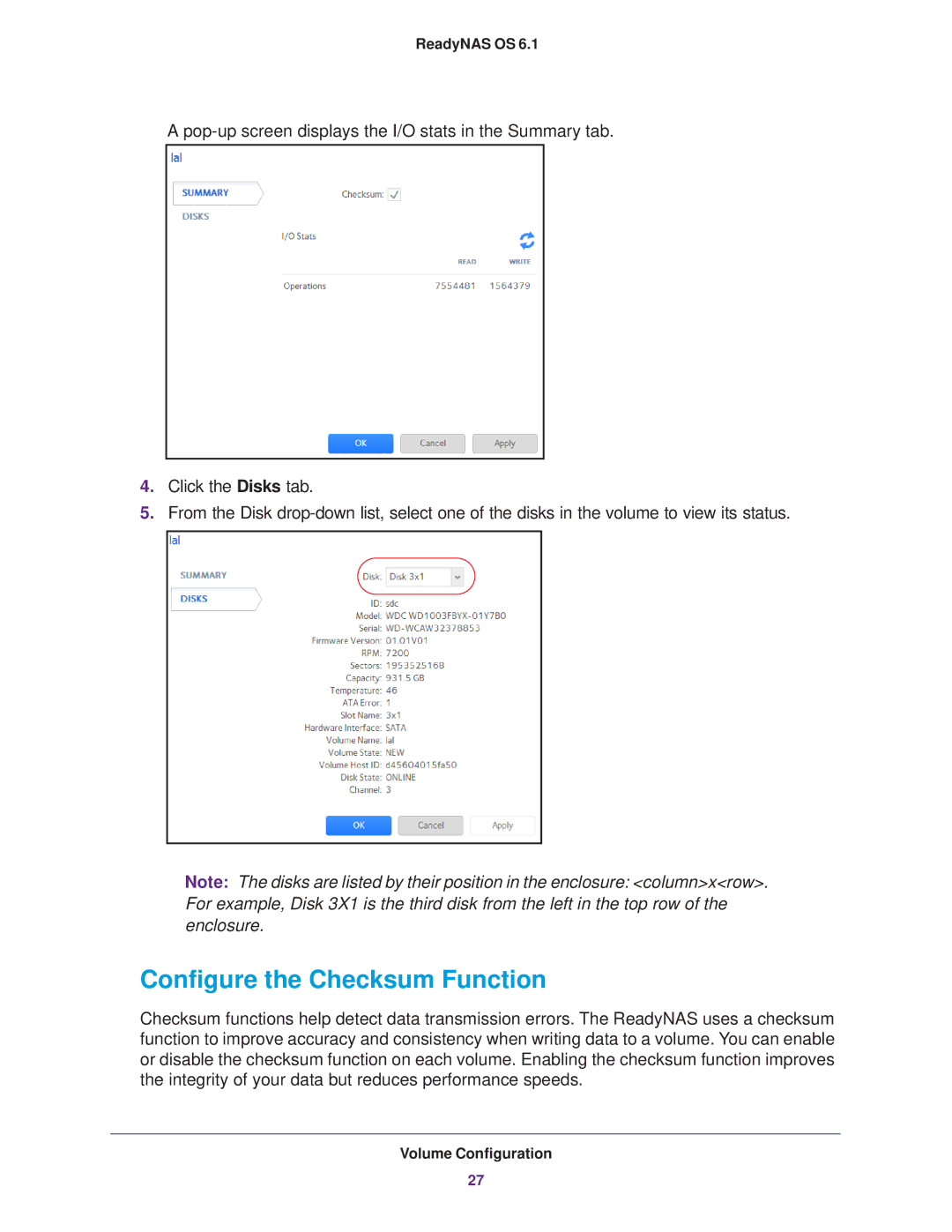 NETGEAR READYNAS 312, READYNAS 716X, READYNAS 516, READYNAS 316, READYNAS 314, READYNAS 102 Configure the Checksum Function 