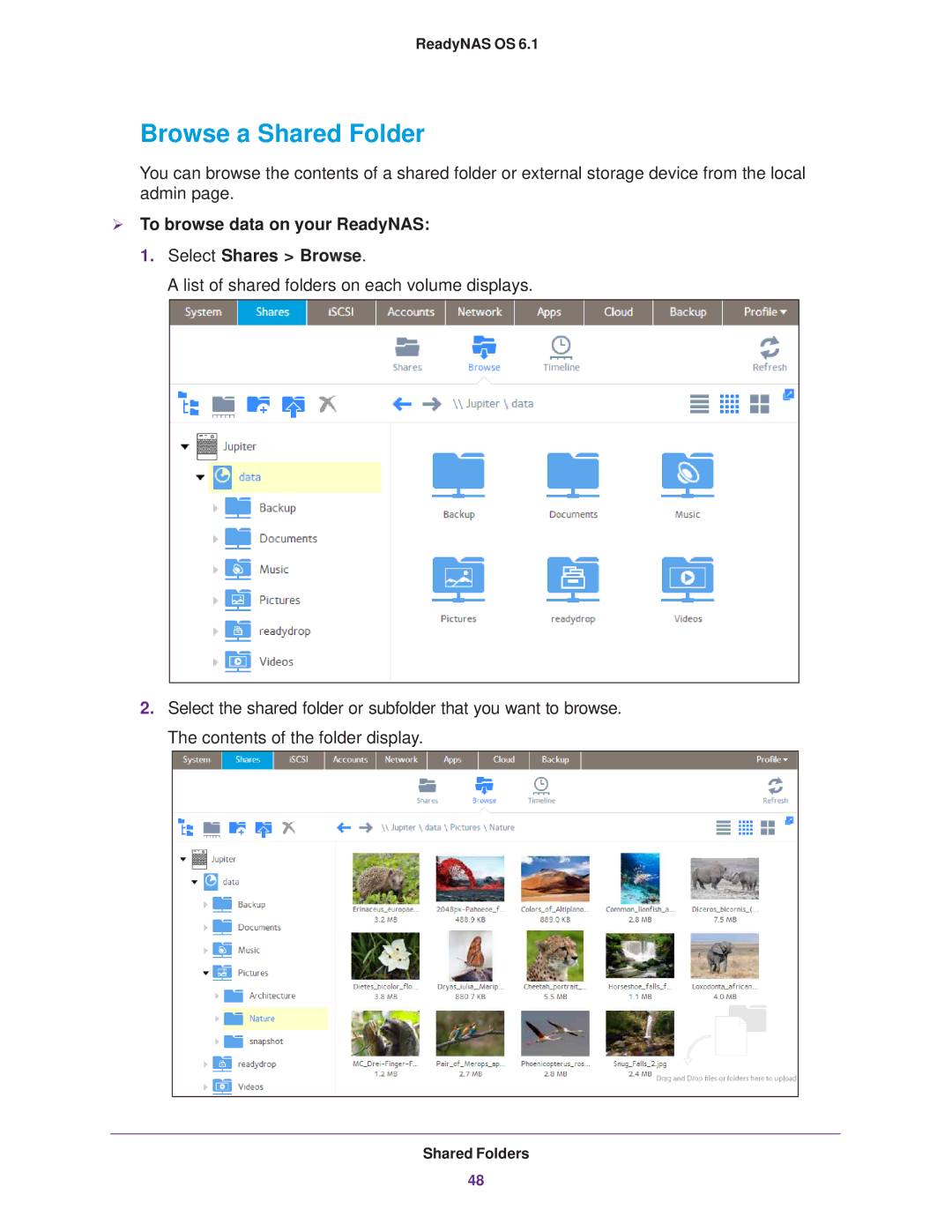 NETGEAR READYNAS 716X, READYNAS 516, EDA 500 Browse a Shared Folder,  To browse data on your ReadyNAS Select Shares Browse 