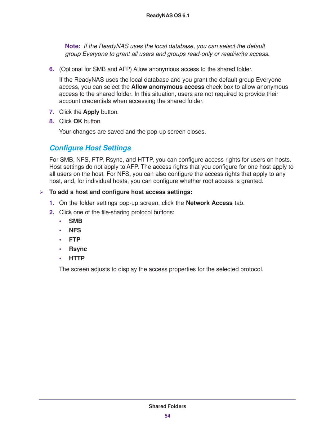 NETGEAR READYNAS 104, READYNAS 716X Configure Host Settings,  To add a host and configure host access settings, Rsync 