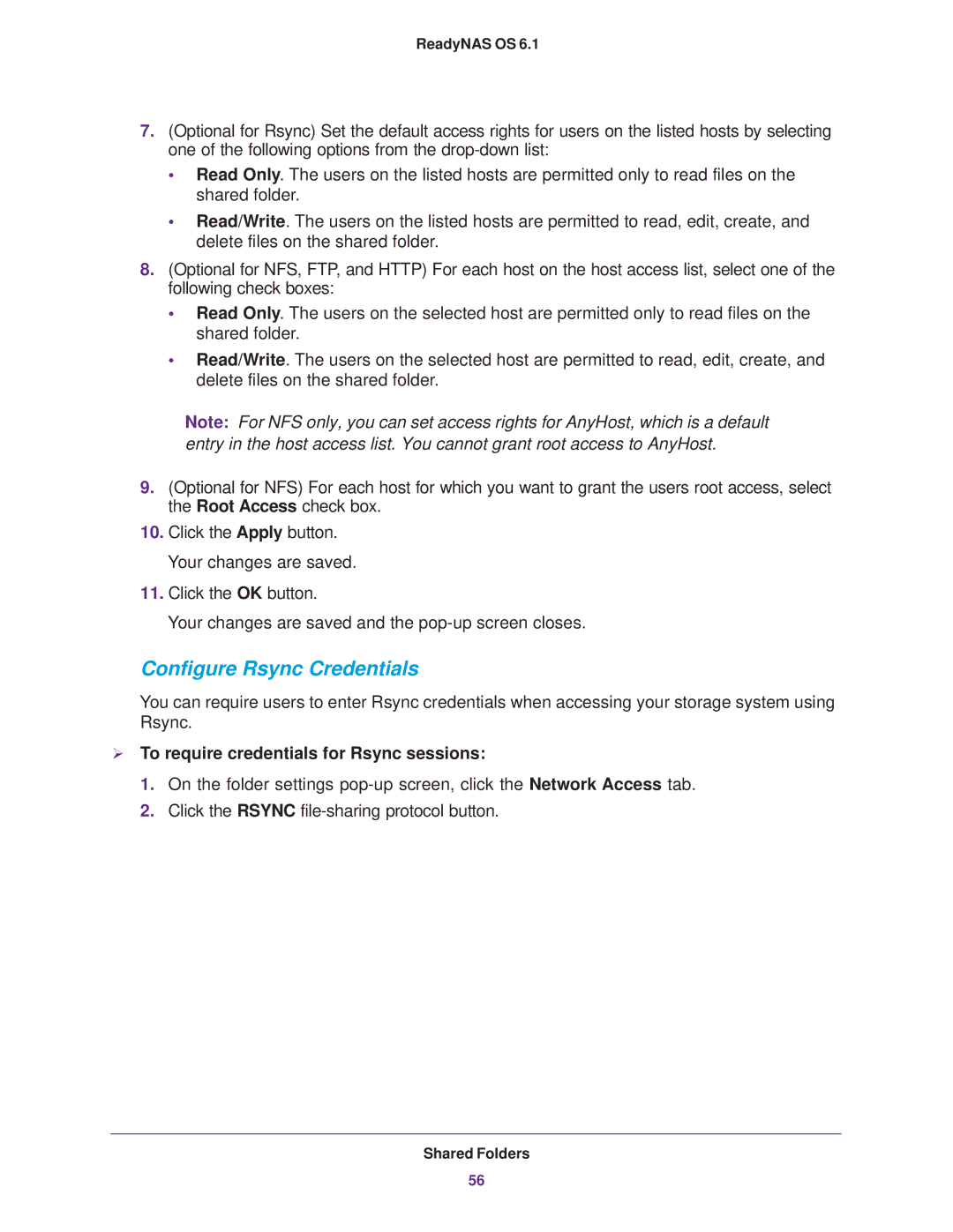 NETGEAR READYNAS 716X, READYNAS 516, READYNAS 316 Configure Rsync Credentials,  To require credentials for Rsync sessions 