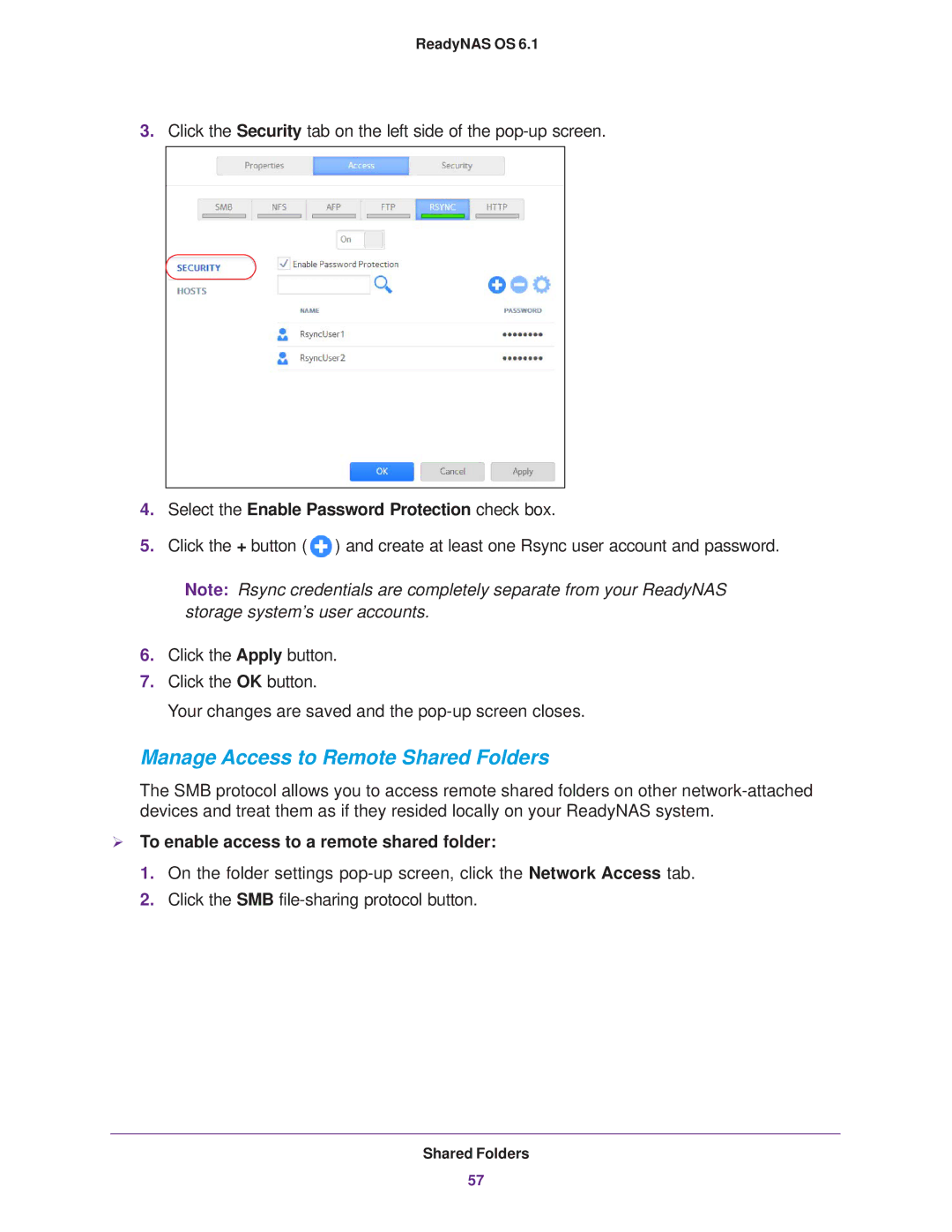 NETGEAR READYNAS 516, READYNAS 316 Manage Access to Remote Shared Folders, Select the Enable Password Protection check box 