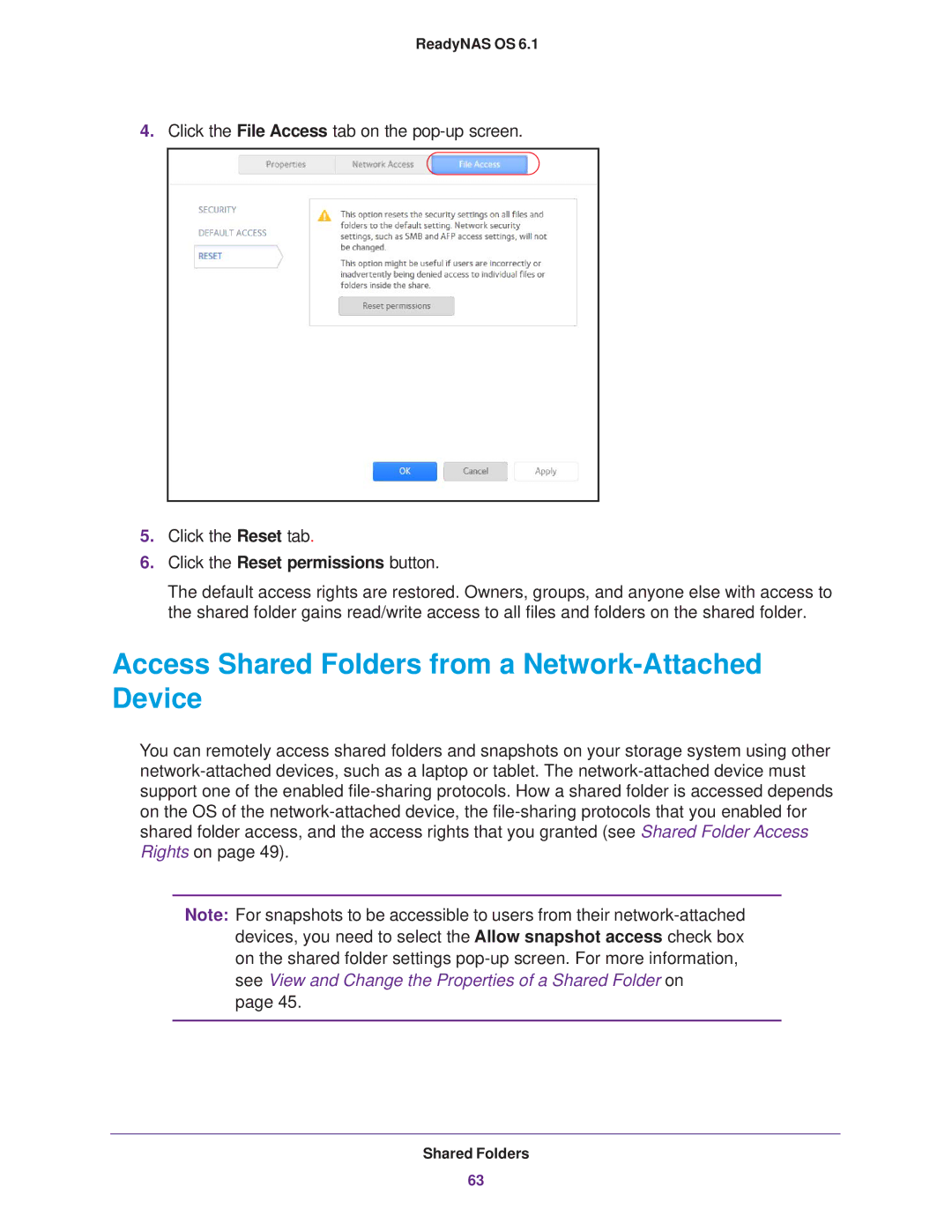 NETGEAR EDA 500, READYNAS 716X Access Shared Folders from a Network-Attached Device, Click the Reset permissions button 