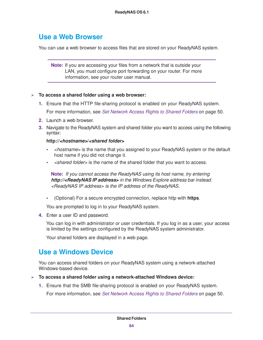 NETGEAR READYNAS 716X, EDA 500 Use a Web Browser, Use a Windows Device,  To access a shared folder using a web browser 