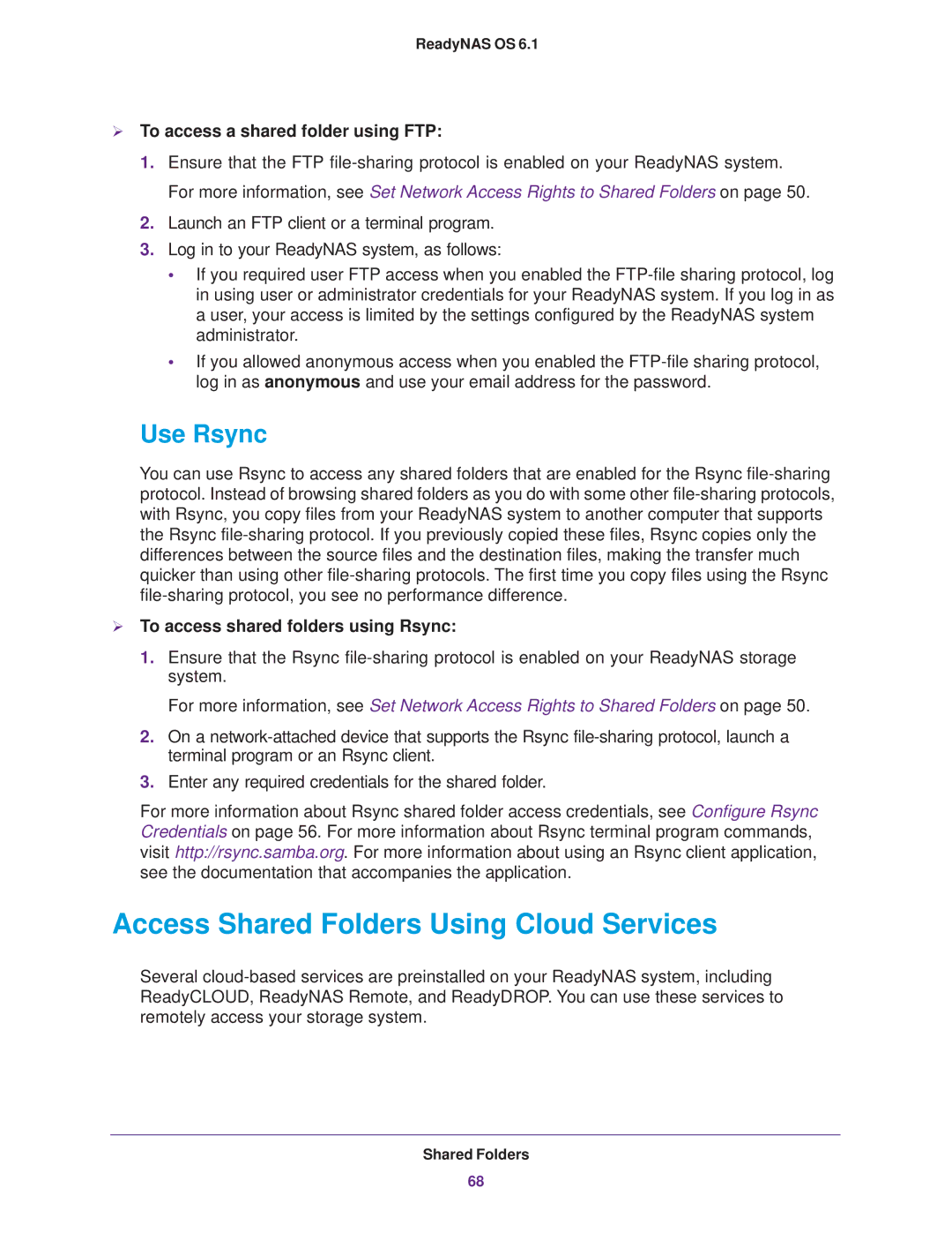 NETGEAR READYNAS 314, EDA 500 Access Shared Folders Using Cloud Services, Use Rsync,  To access a shared folder using FTP 