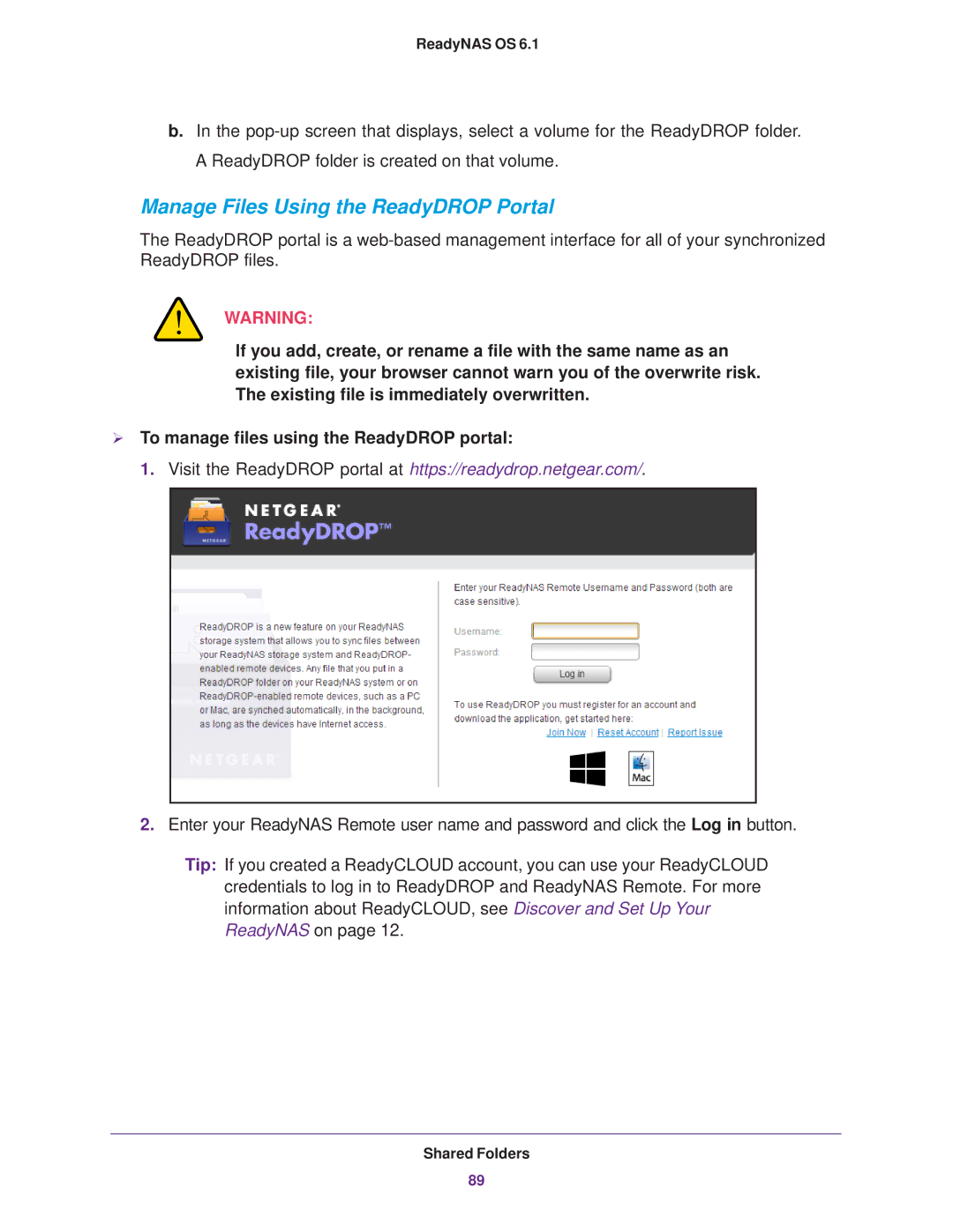 NETGEAR READYNAS 516, READYNAS 716X, READYNAS 316, READYNAS 312, READYNAS 314, EDA 500 Manage Files Using the ReadyDROP Portal 