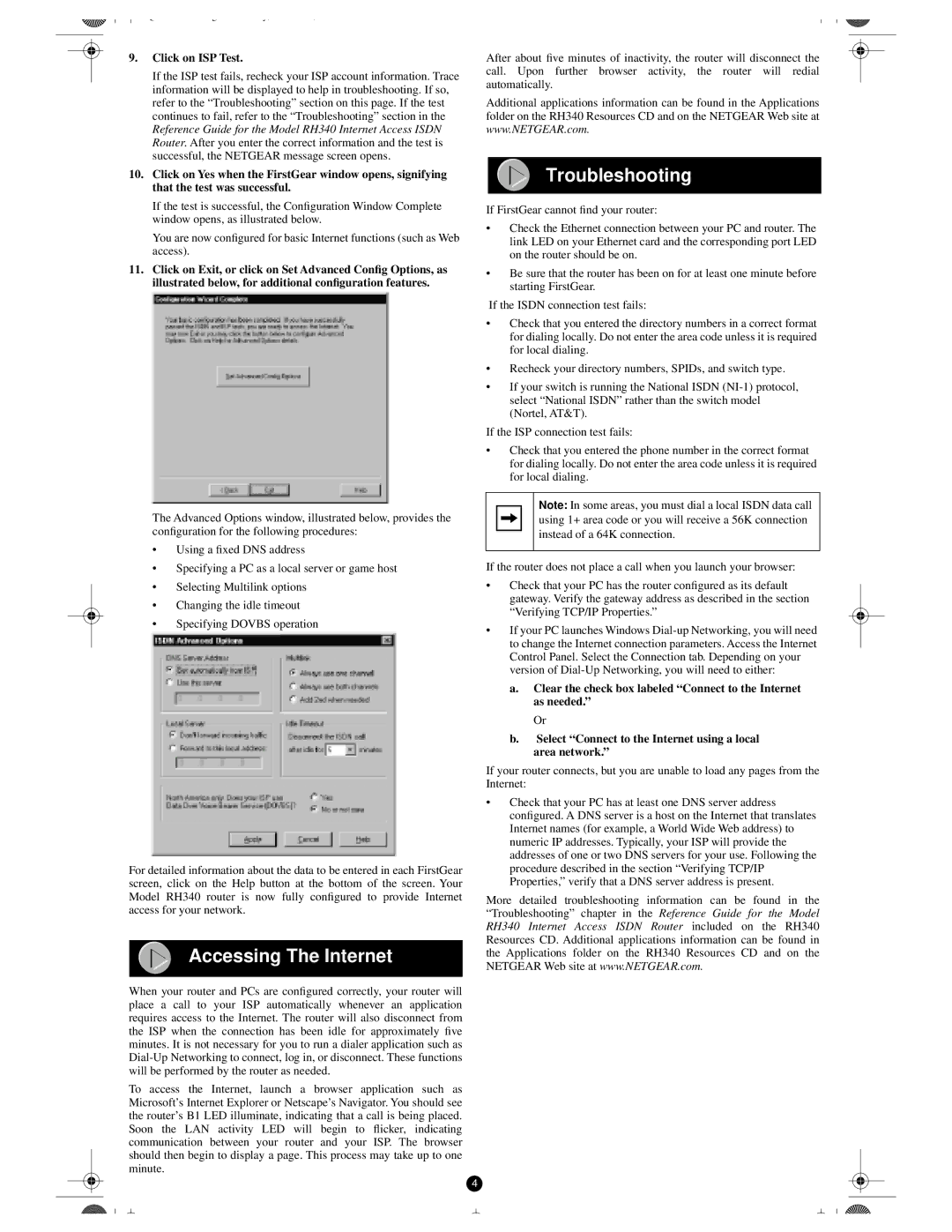 NETGEAR RH340 manual Accessing The Internet, Troubleshooting, Click on ISP Test, Model 