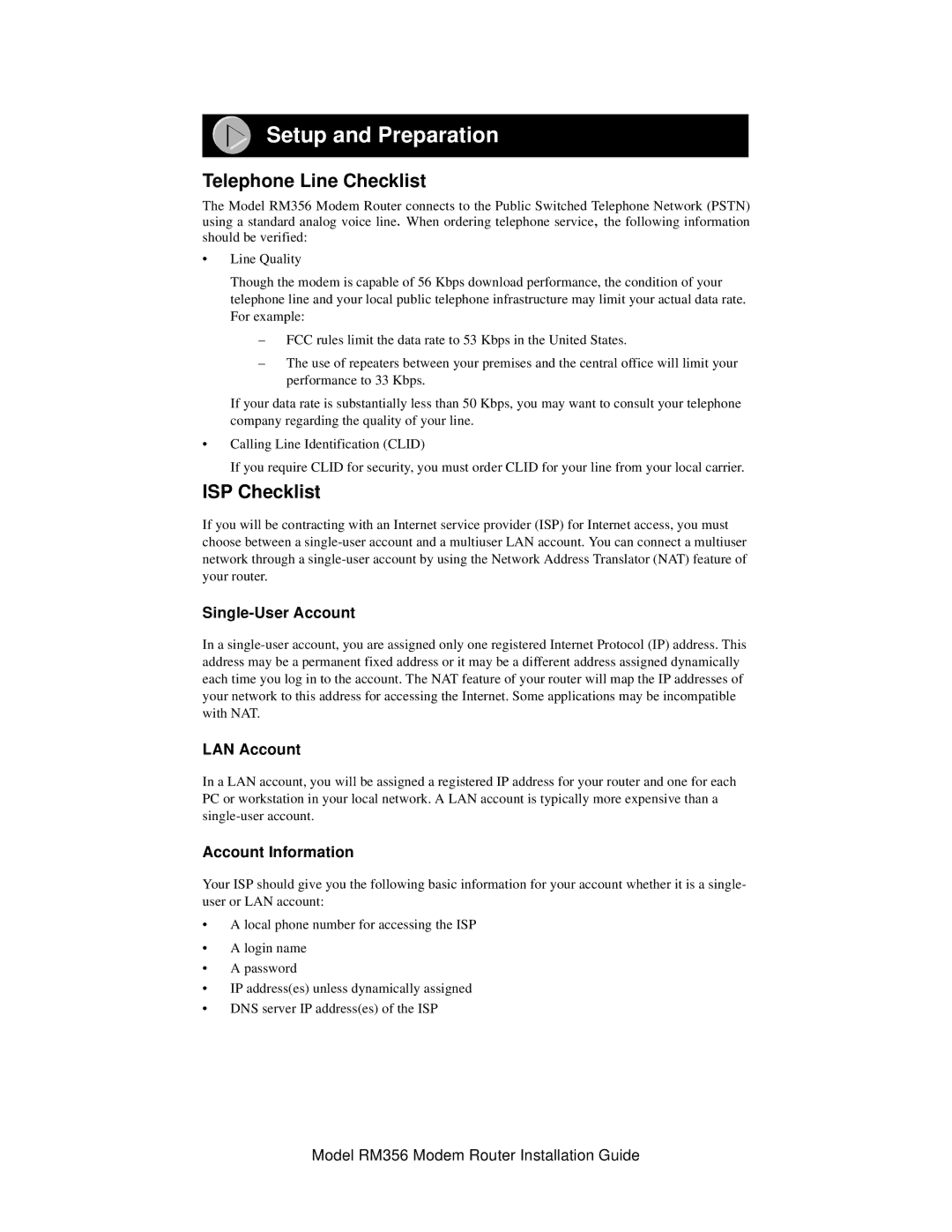 NETGEAR RM356 manual Setup and Preparation, Telephone Line Checklist, ISP Checklist 