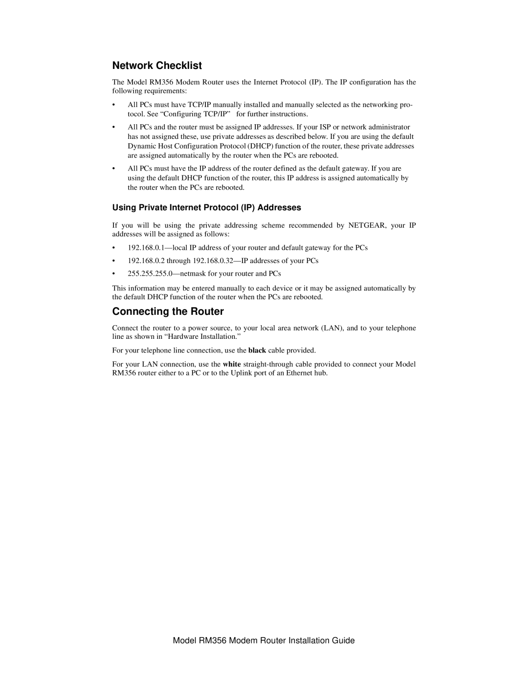 NETGEAR RM356 manual Network Checklist, Connecting the Router, Using Private Internet Protocol IP Addresses 