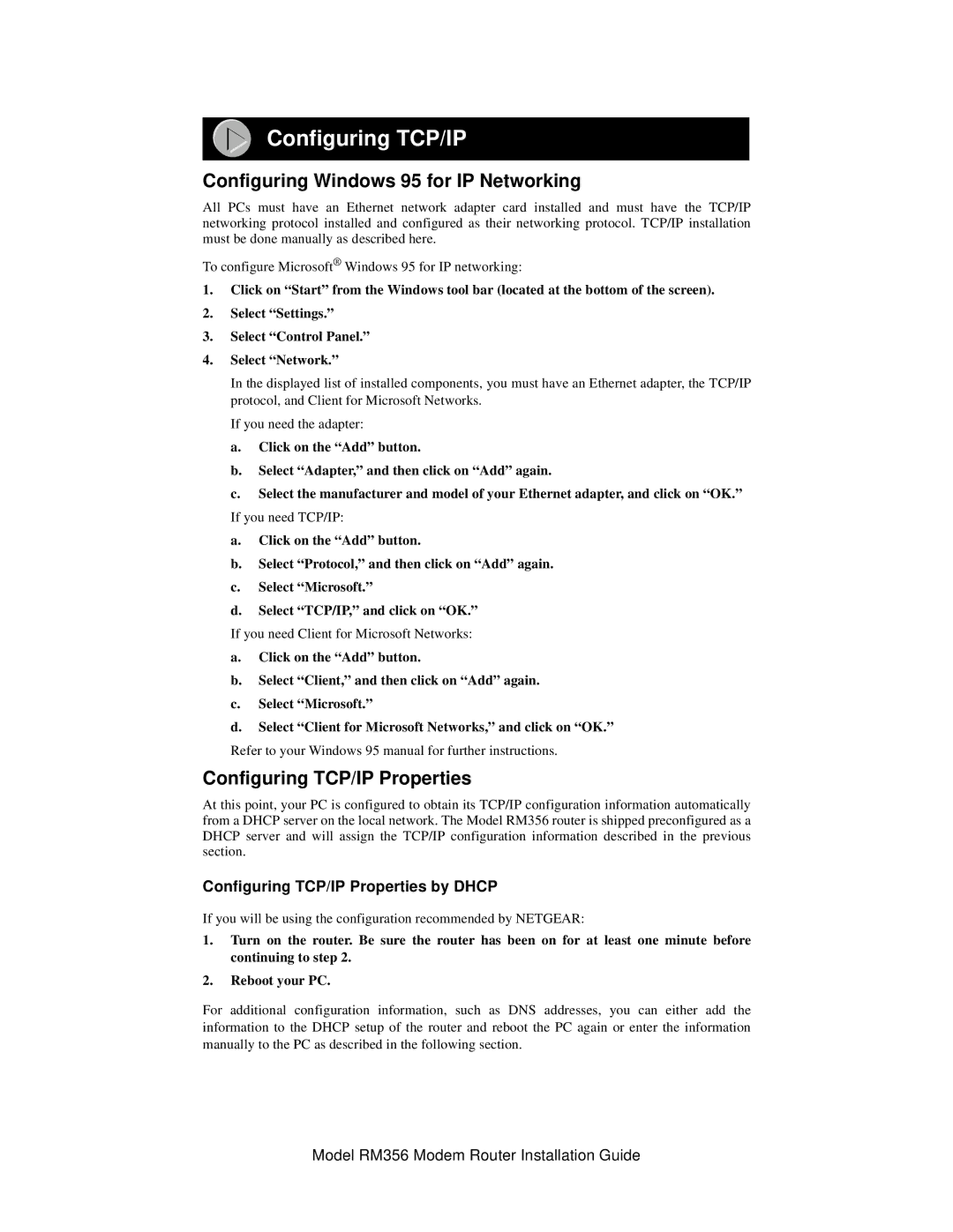 NETGEAR RM356 manual Configuring Windows 95 for IP Networking, Configuring TCP/IP Properties 