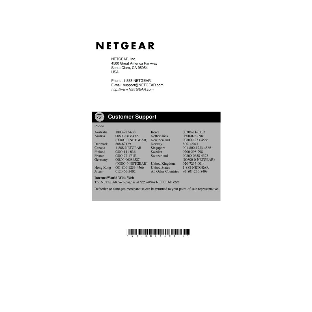 NETGEAR RM356 manual Customer Support, Phone 