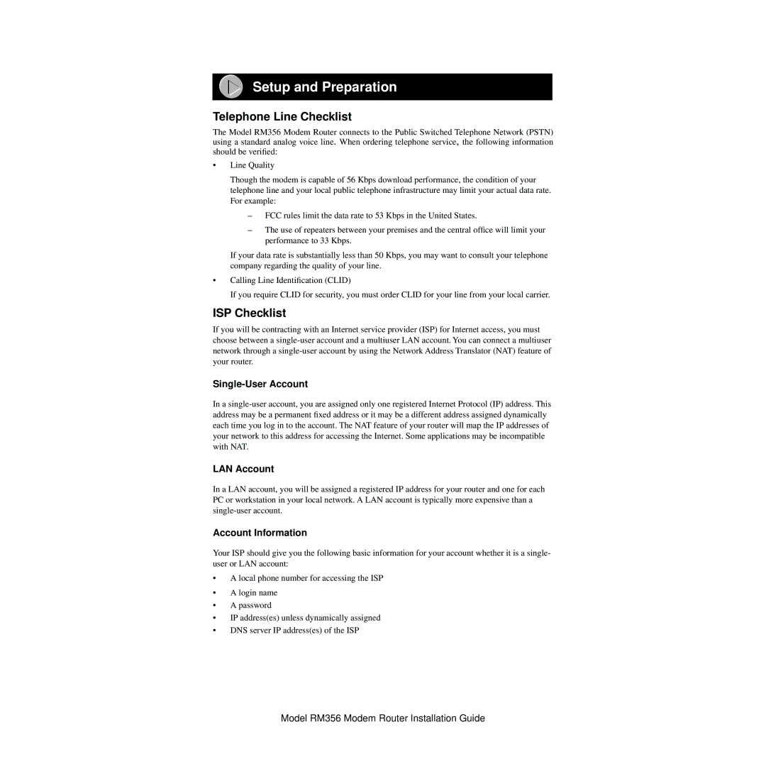 NETGEAR RM356 manual Setup and Preparation, Telephone Line Checklist, ISP Checklist 