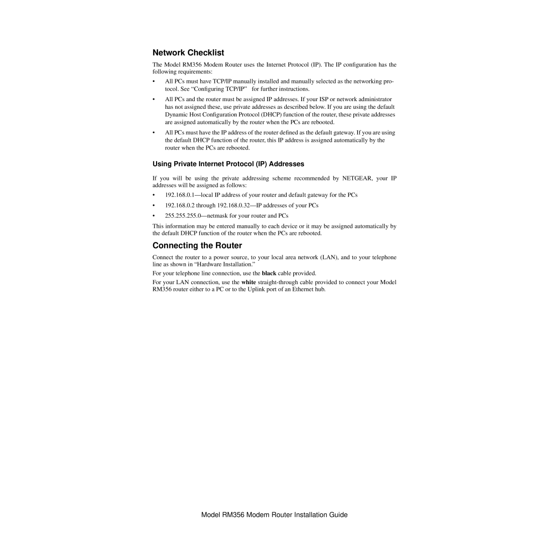 NETGEAR RM356 manual Network Checklist, Connecting the Router, Using Private Internet Protocol IP Addresses 