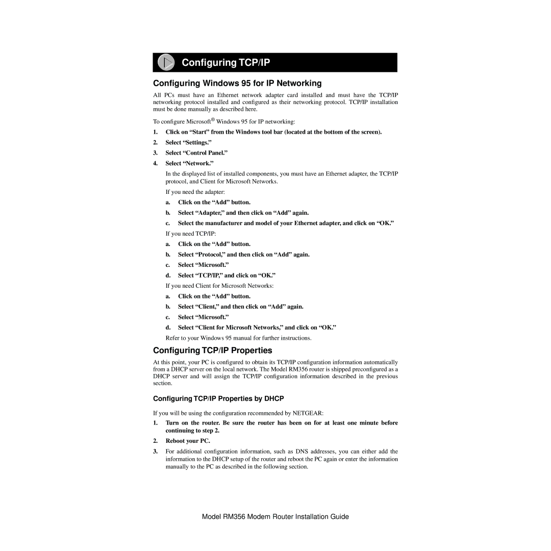 NETGEAR RM356 manual Configuring TCP/IP, Conﬁguring Windows 95 for IP Networking, Conﬁguring TCP/IP Properties 