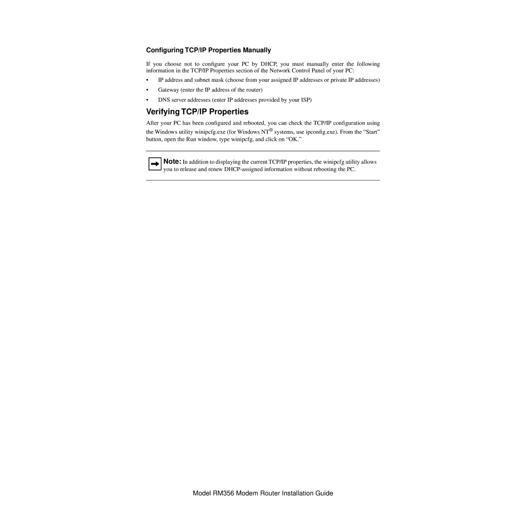 NETGEAR RM356 manual Verifying TCP/IP Properties, Conﬁguring TCP/IP Properties Manually 