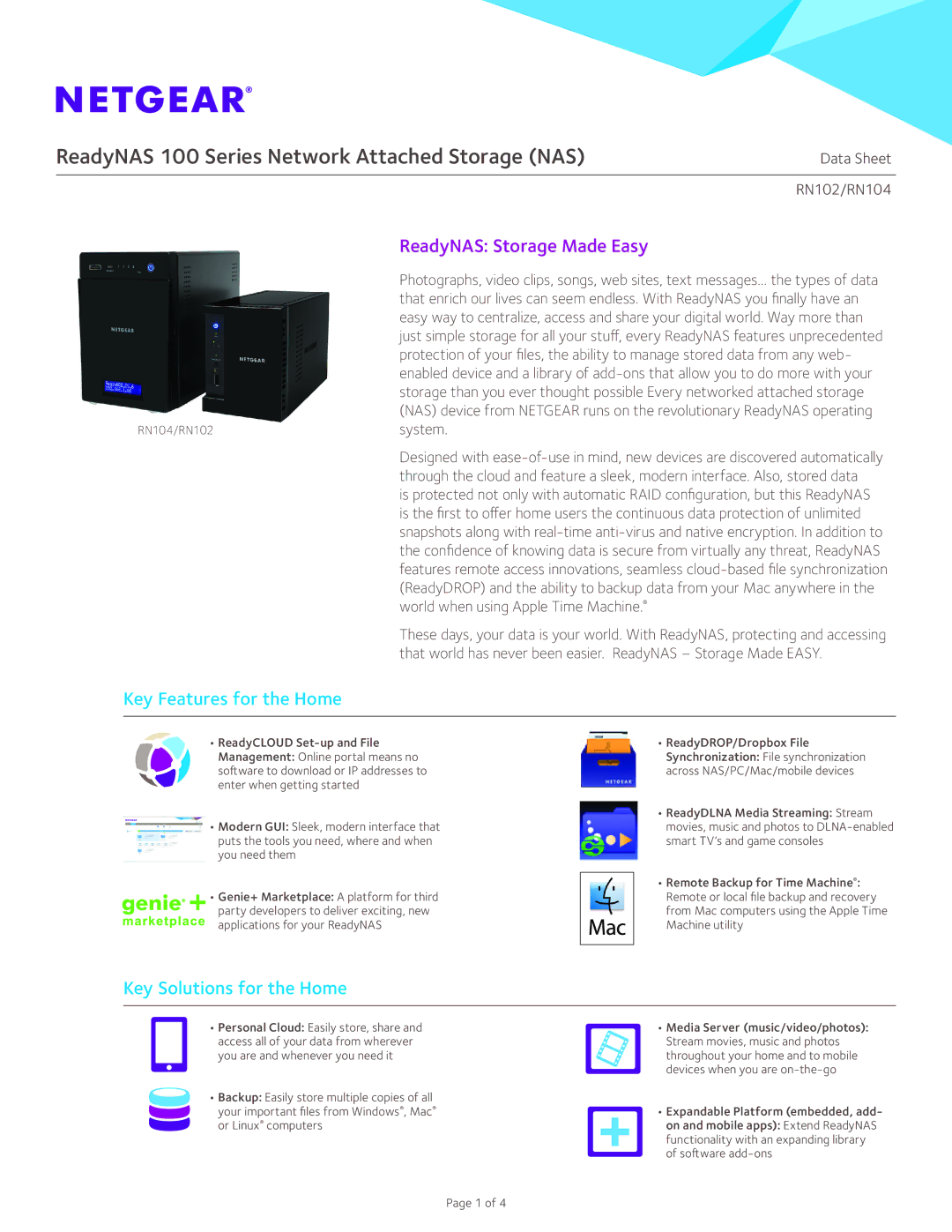 NETGEAR RN10200-100NAS manual Key Features for the Home, Key Solutions for the Home, Data Sheet, RN102/RN104, System 