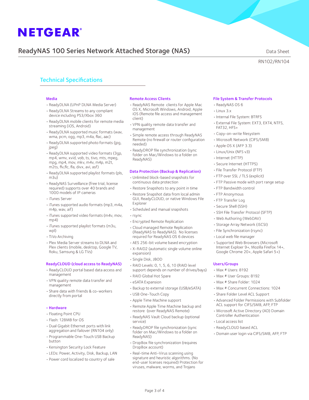 NETGEAR RN10200-100NAS manual Technical Specifications 