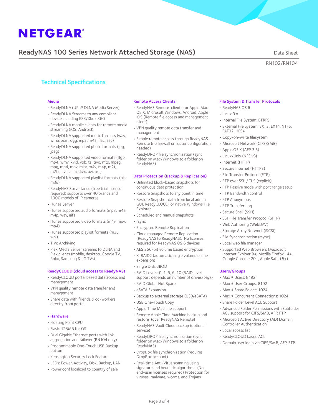 NETGEAR RN10200-100NAS Technical Specifications, ReadyNAS 100 Series Network Attached Storage NAS, Data Sheet, RN102/RN104 