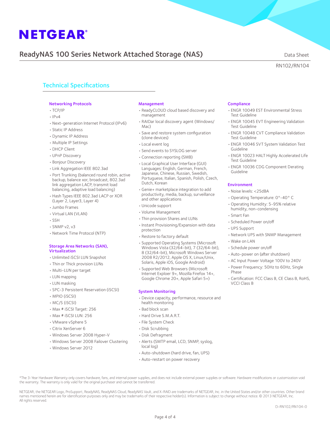 NETGEAR RN10200-100NAS ReadyNAS 100 Series Network Attached Storage NAS, Technical Specifications, Data Sheet, RN102/RN104 